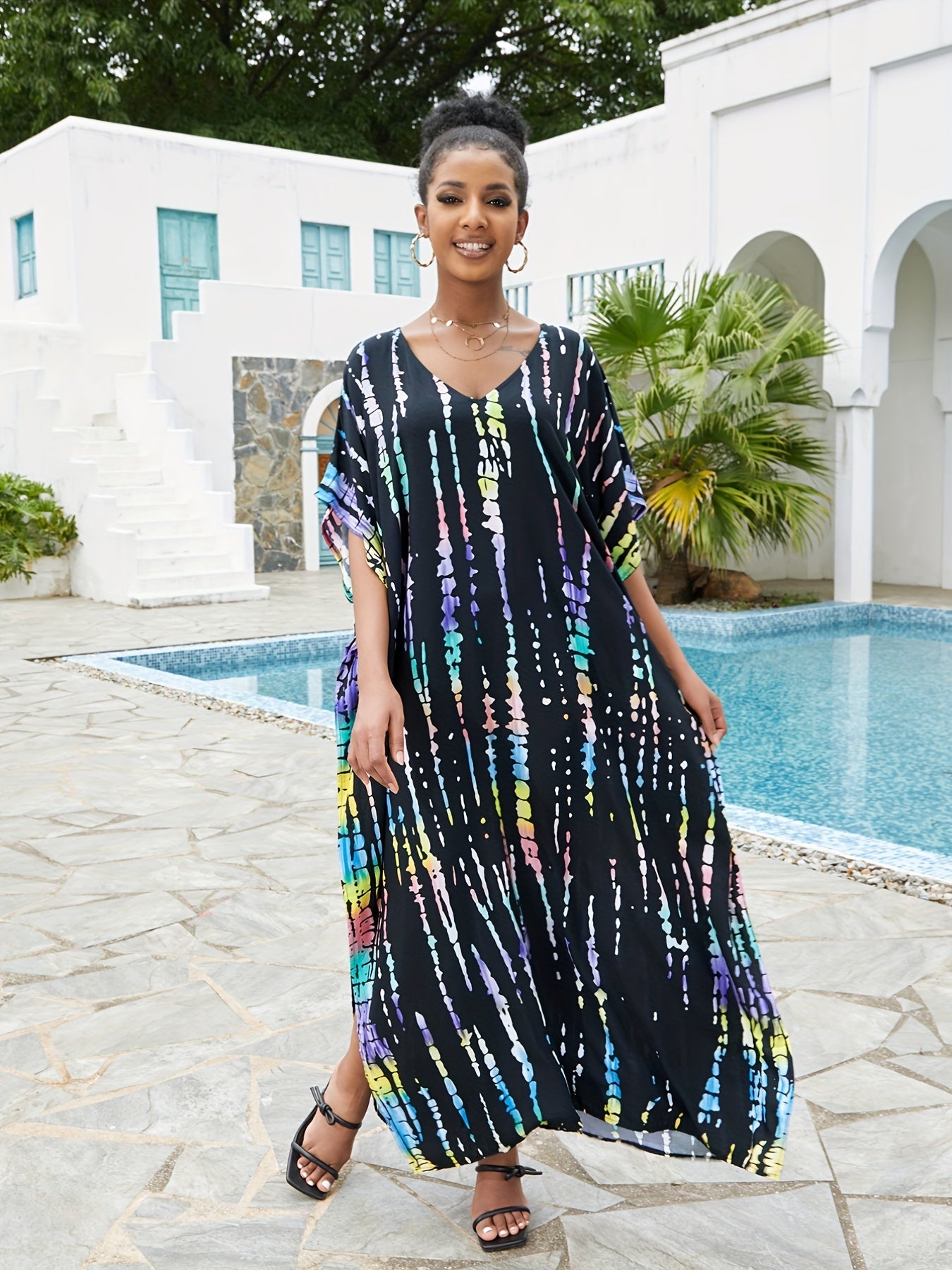 Boho Cover Up Tie Dye Striped V Neck Beach Cover Up Dress