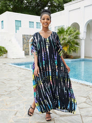 Boho Cover Up Tie Dye Striped V Neck Beach Cover Up Dress
