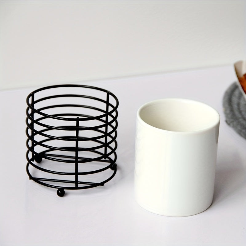 Kitchen Utensil Holder with Golden Ring Metal Frame and Ceramic Crocks