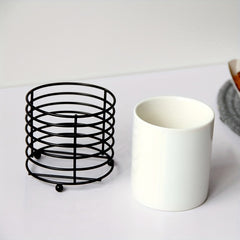 Kitchen Utensil Holder with Golden Ring Metal Frame and Ceramic Crocks
