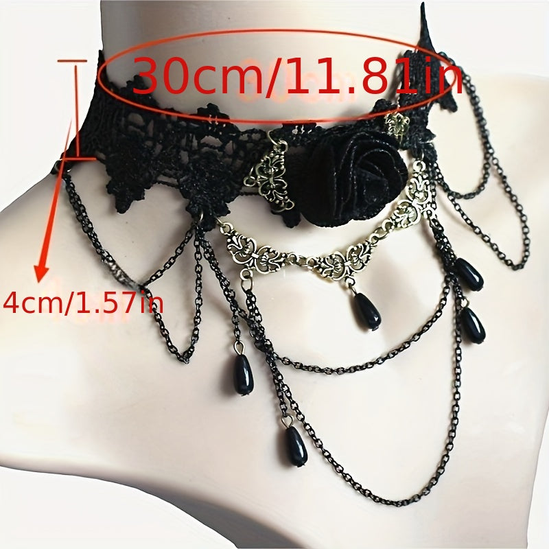 Dark Vintage Party Lace Choker Necklace with Rose Flower Pendant