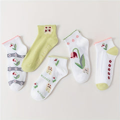 5 Pairs Floral Print Short Socks Women's Stockings