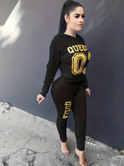 Letter Print 2-Piece Set Hoodies & Skinny Pants