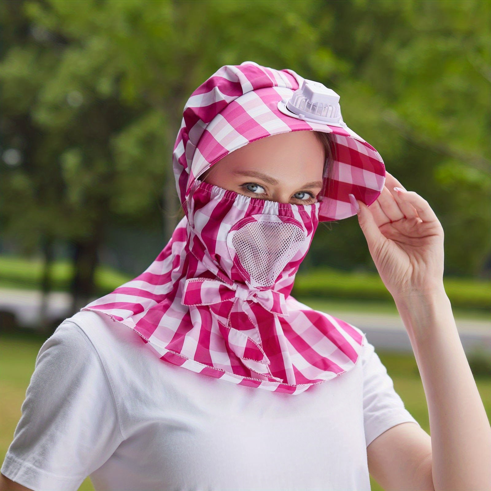 Plaid Pattern UV Fan Sun Hat for Women