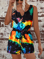 Tie Dye Drawstring Waist Romper Jumpsuit Casual Sleeveless