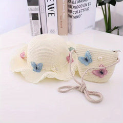 2pcs Girls Lace Trim Straw Hat Sun Hat & Zipper Straw Bag Set for Spring Summer