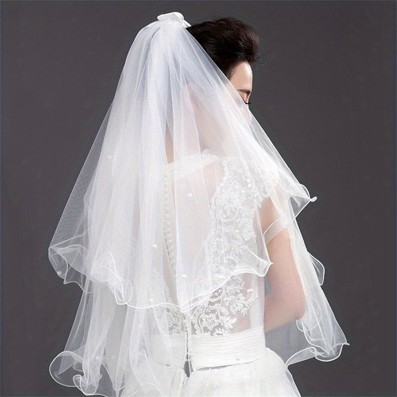 Double Layer Veil With Comb White Ribbon Bridal Hair Accessories