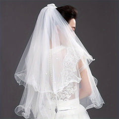 Double Layer Veil With Comb White Ribbon Bridal Hair Accessories