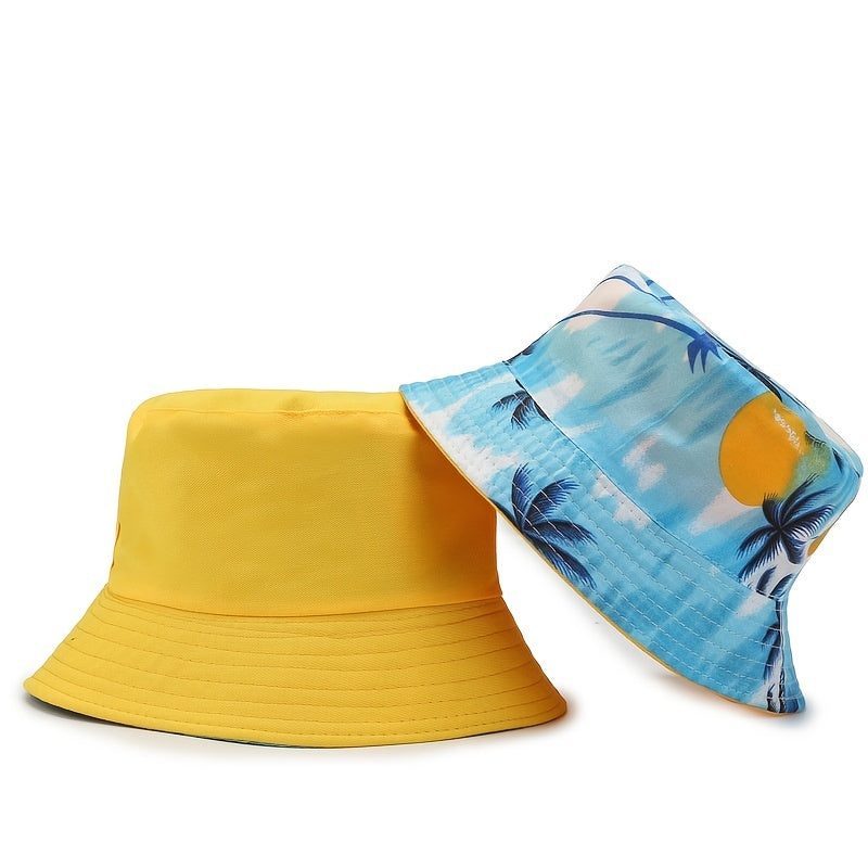 Kids Coconut Tree Bucket Hat Double Sided Fisherman Sun Cap