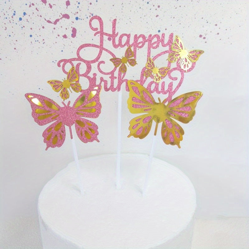 3pcs Glitter Butterfly Cake Toppers with Happy Birthday Topper