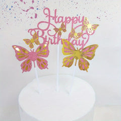 3pcs Glitter Butterfly Cake Toppers with Happy Birthday Topper