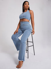 Y2K Denim Halter Neck Crop Top & Flared Leg Jeans Set Plus Size