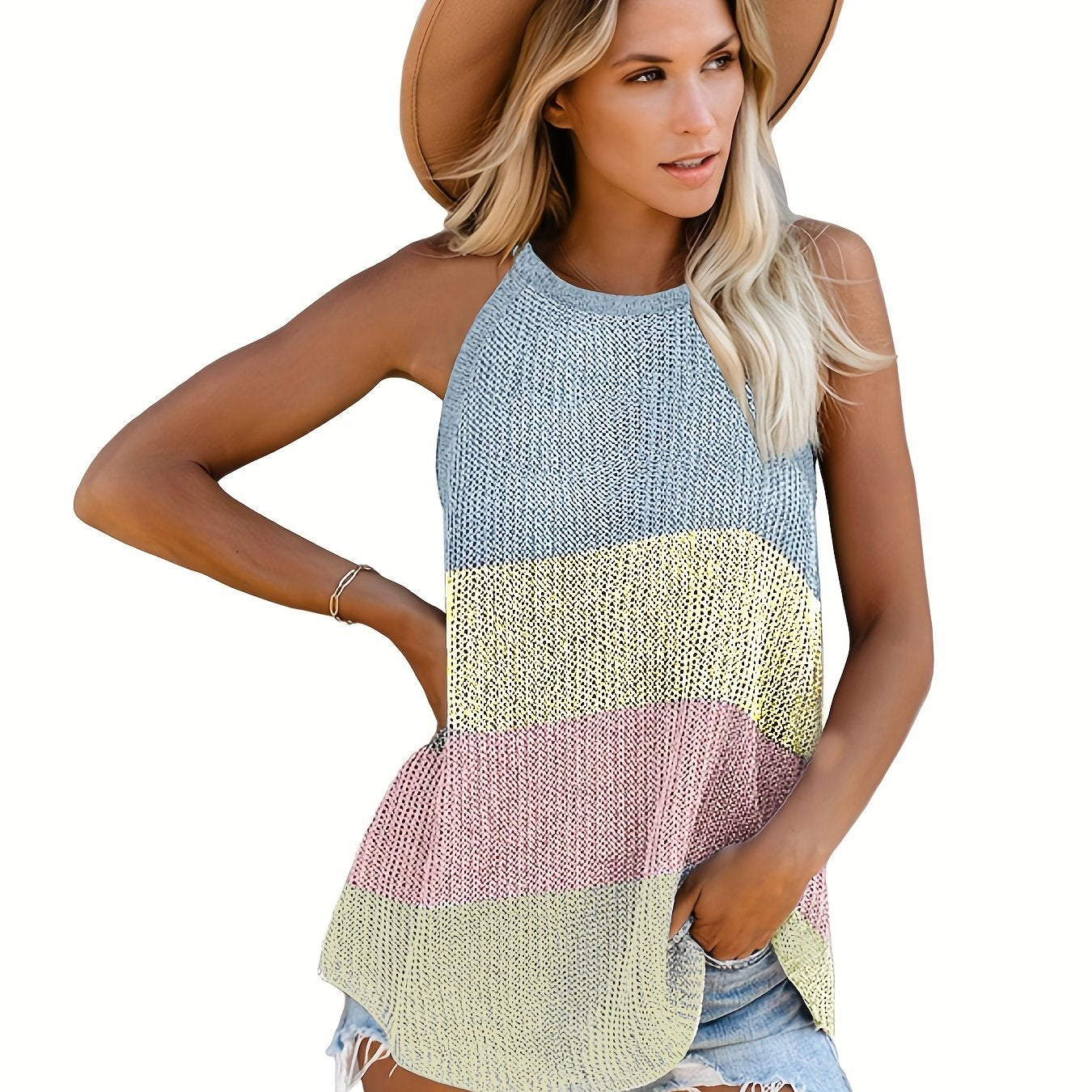 Colorblock Knitted Halter Cami Top