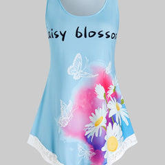 Daisy Print Lace Trim Round Neck Tank Top