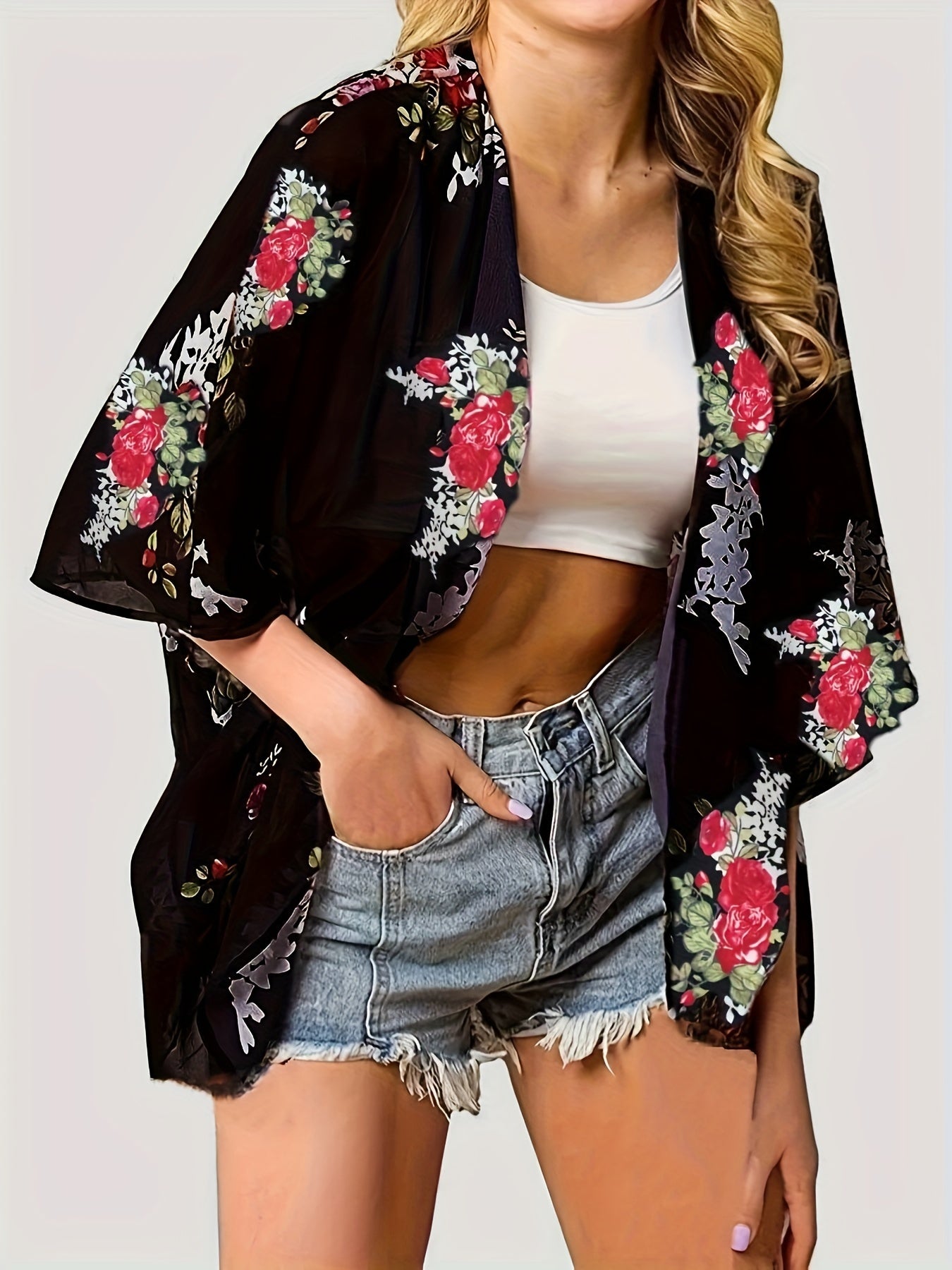 Floral Print Open Front Chiffon Cardigan Cover Up Loose Fit 3/4 Sleeve