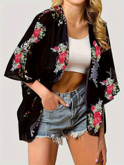 Floral Print Open Front Chiffon Cardigan Cover Up Loose Fit 3/4 Sleeve