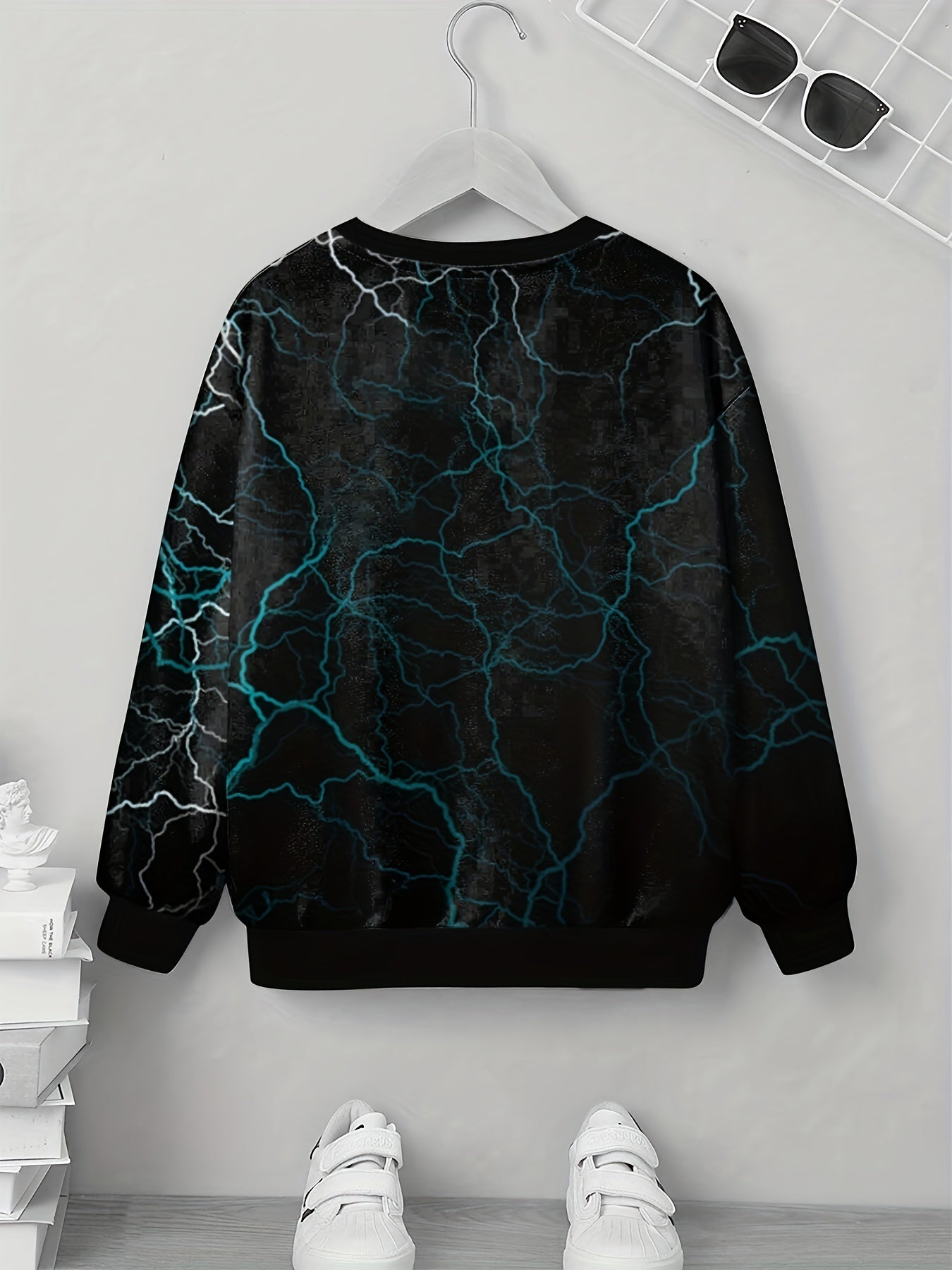 Lightning Line Print Boy's Long Sleeve T-shirt Round Neck Casual Top