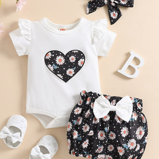 Baby Heart Floral Outfit Onesie & Shorts & Headband Short Sleeves Kids Clothes