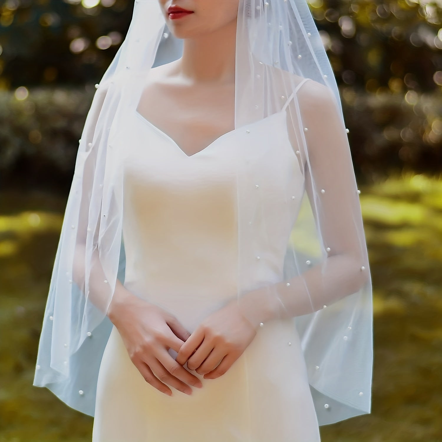 Wedding Head Veil Faux Pearl Single Layer Tulle Comb
