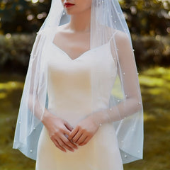 Wedding Head Veil Faux Pearl Single Layer Tulle Comb