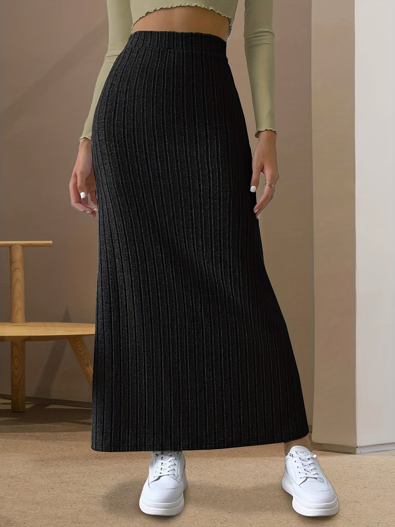 Ribbed Slit Skirt High Stretch Ankle Skirt Spring Summer