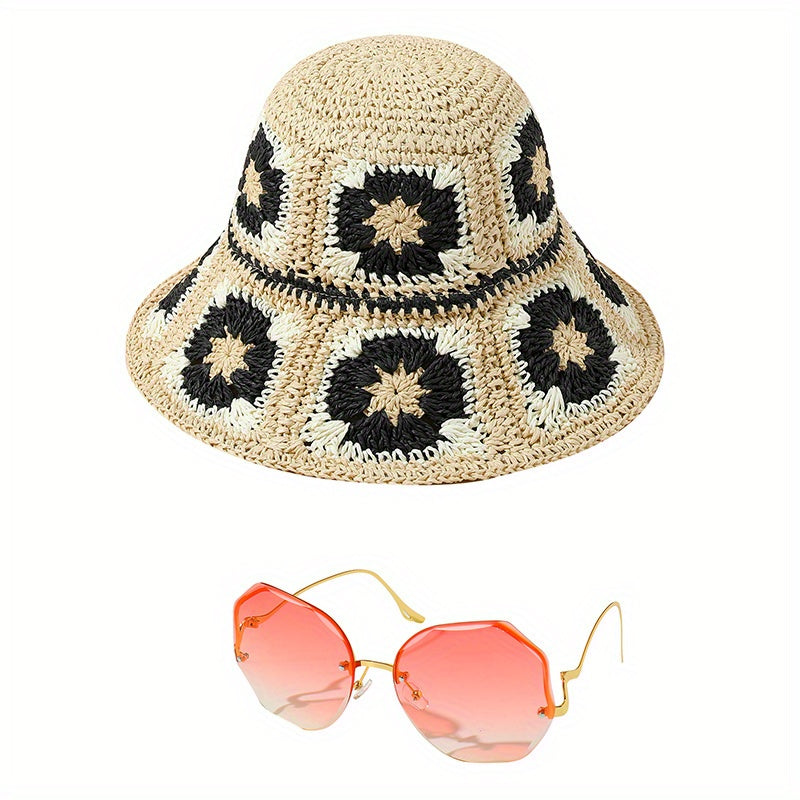 2pc Straw Hat Sunglasses Set for Women Sun Beach
