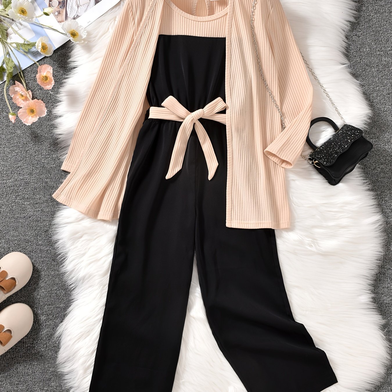 3pcs Girls Ribbed Cotton Solid Jumpsuit Apricot Jacket Sets