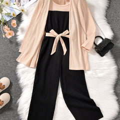 3pcs Girls Ribbed Cotton Solid Jumpsuit Apricot Jacket Sets