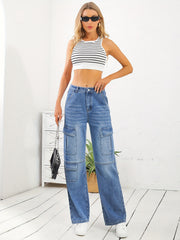 Cargo Pocket Whiskering Denim Pants Loose Straight Leg Jeans