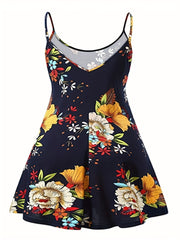 Women's Plus Floral Print Round Neck Slight Stretch Cami Dress