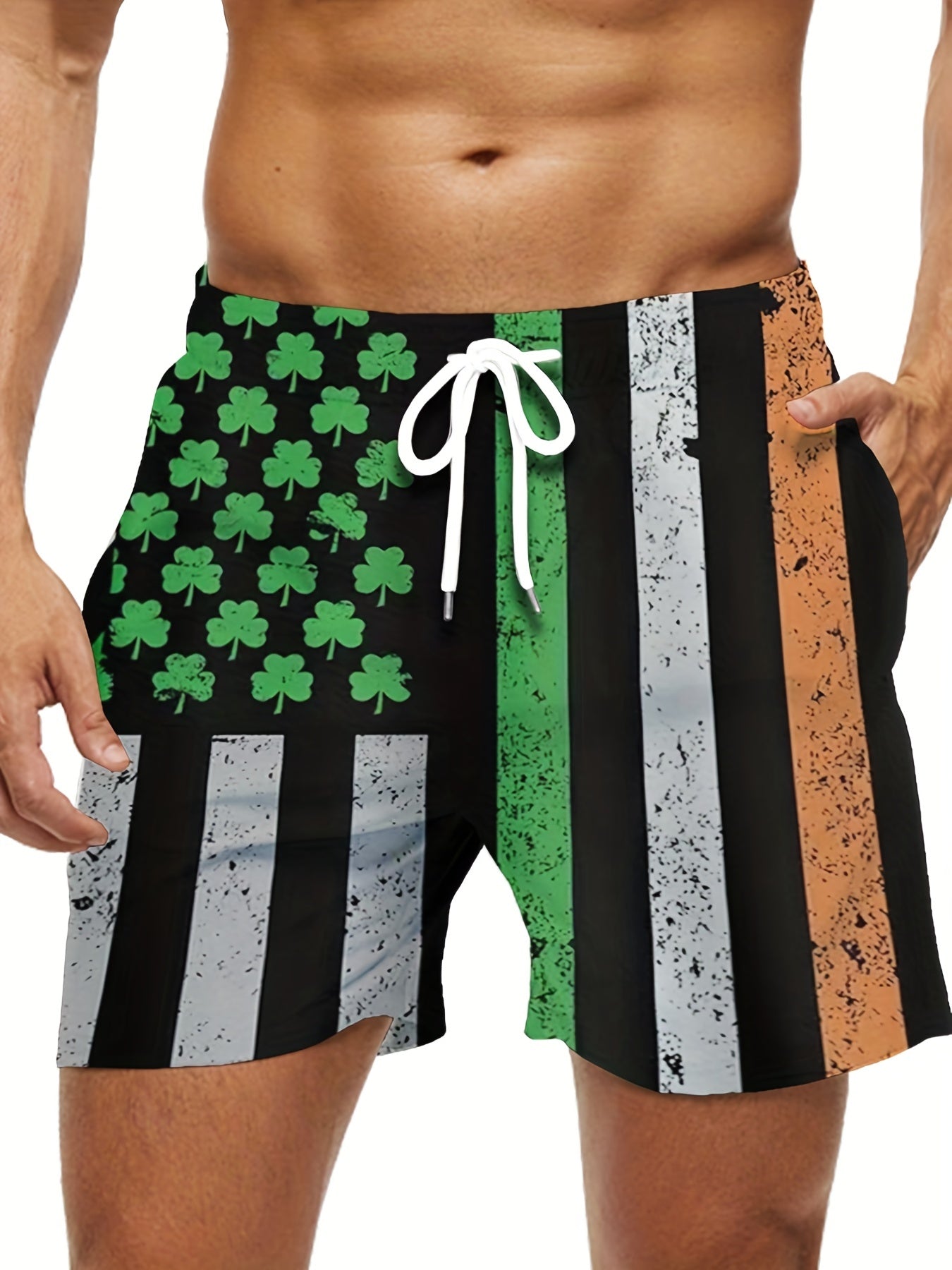 Men's Stripes Pattern Shorts With Pockets Elastic Waist Drawstring