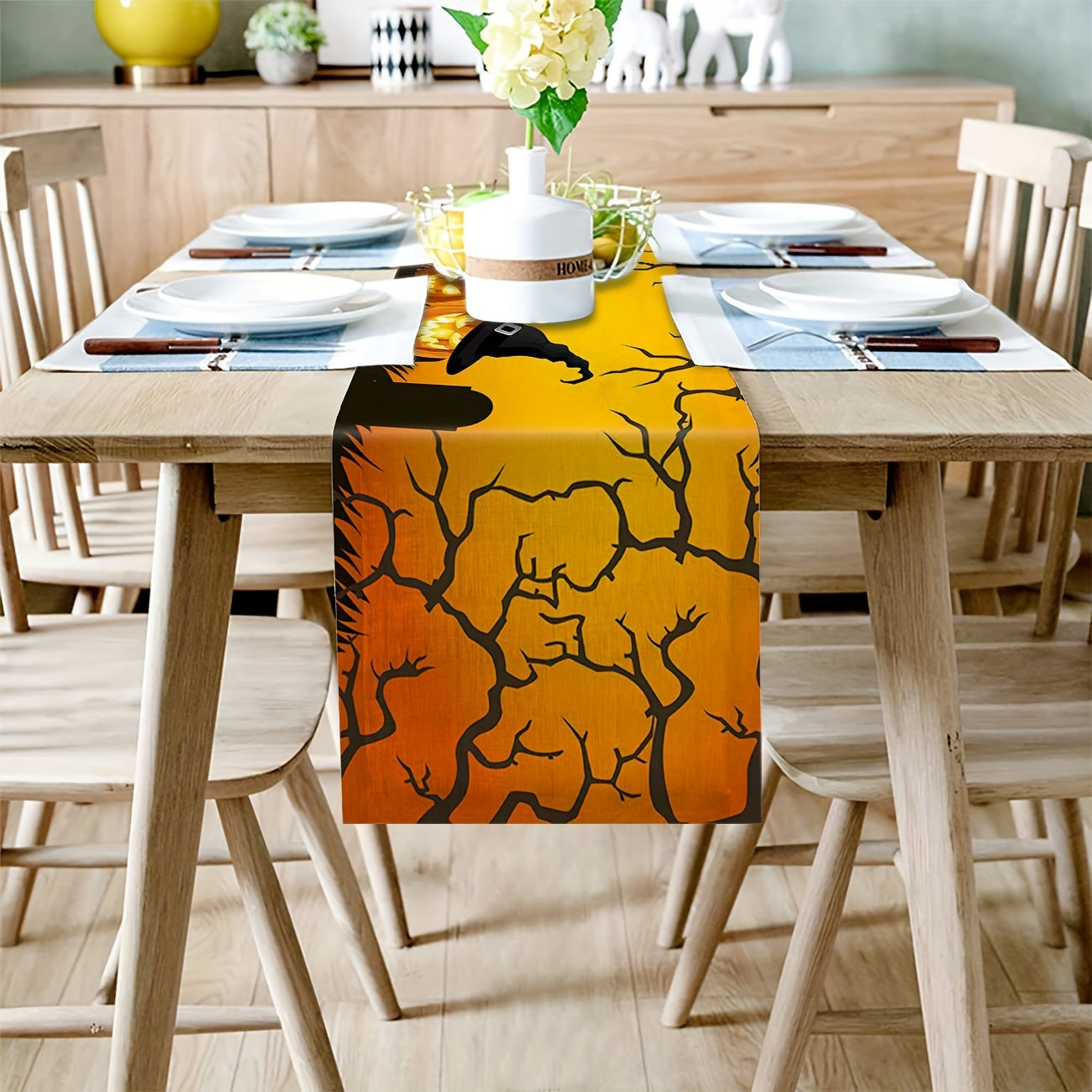 Halloween Evil Pumpkin Witch Hat Linen Table Runner