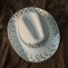 Women Bride Cowboy Hat Wide Brim Bridal Felt Hat Rhinestone Western Fedora Cap