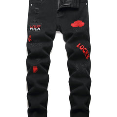 Boys Ripped Floral & Letter Print Jeans Skinny Slim Fit Denim Pants