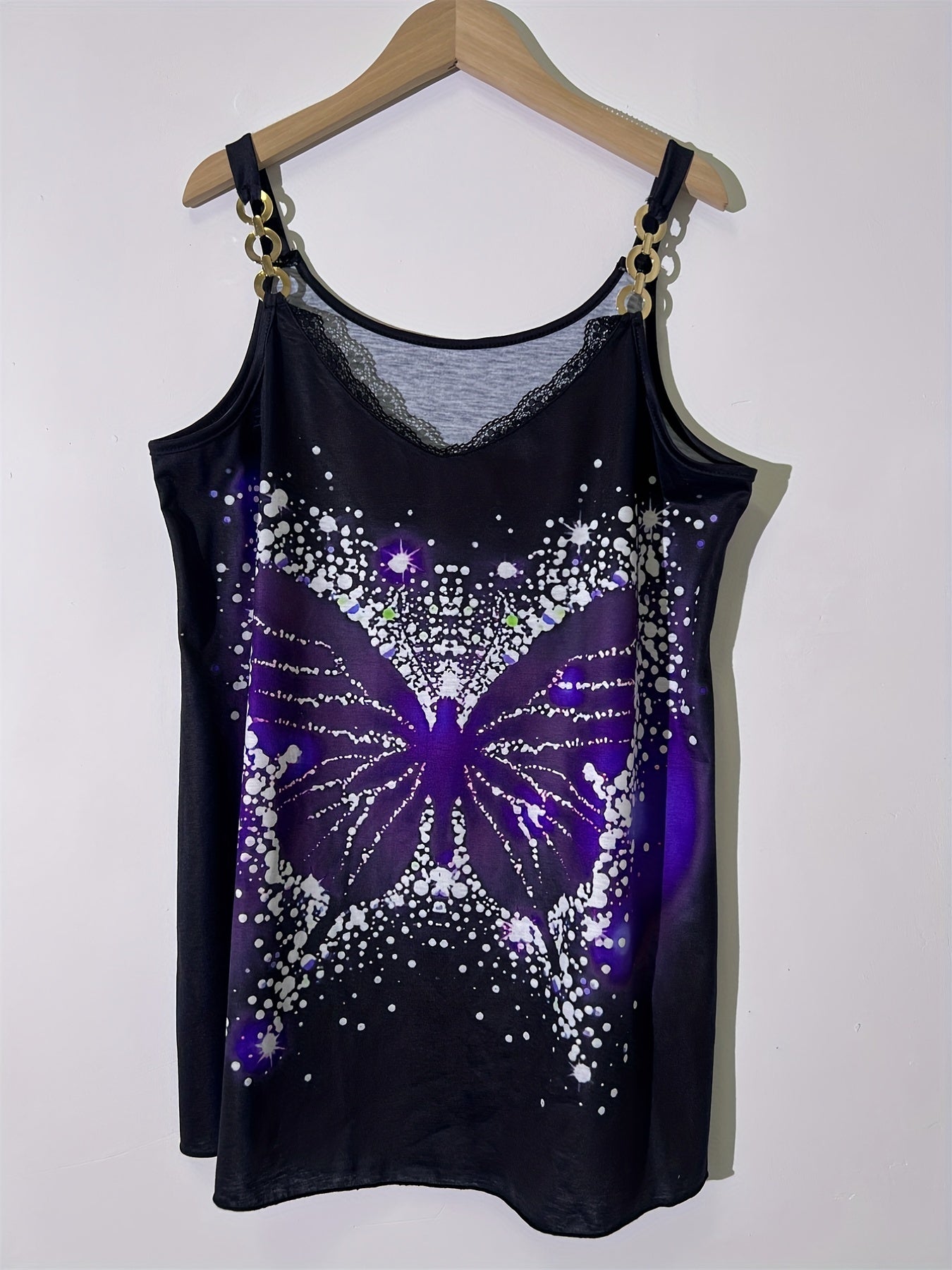 Butterfly Print Chain Strap Top Lace Spaghetti Strap
