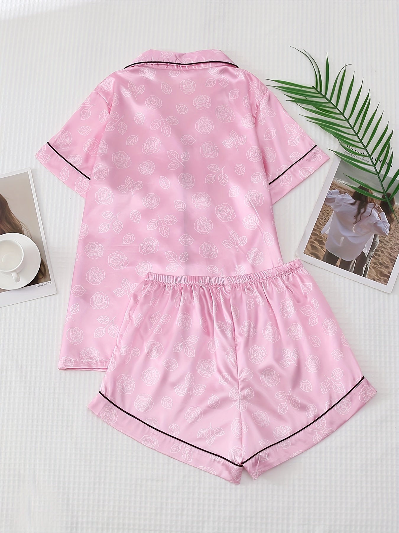 Rose Print Satin Pajama Set Short Sleeve Top & Shorts
