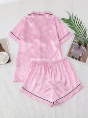 Rose Print Satin Pajama Set Short Sleeve Top & Shorts