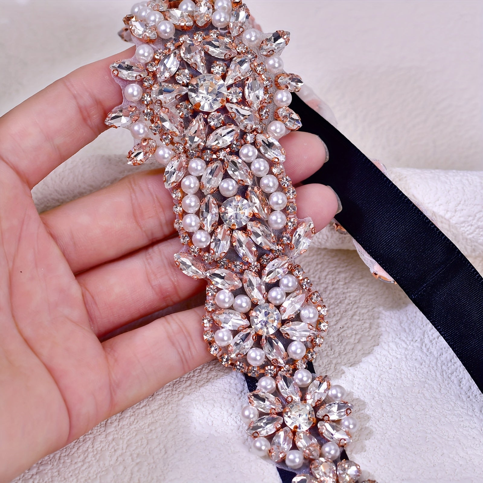 Handcrafted Rhinestone and Pearl Waist Belt Pink Crystal Embellishment