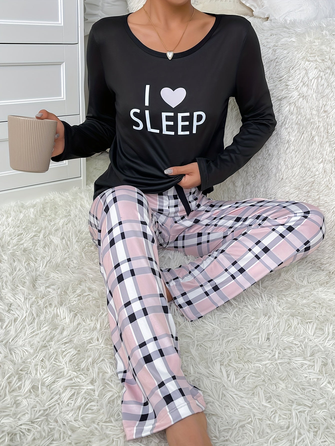 Letter Print Pajama Set Long Sleeve Crew Neck Top & Plaid Pants