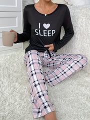 Letter Print Pajama Set Long Sleeve Crew Neck Top & Plaid Pants