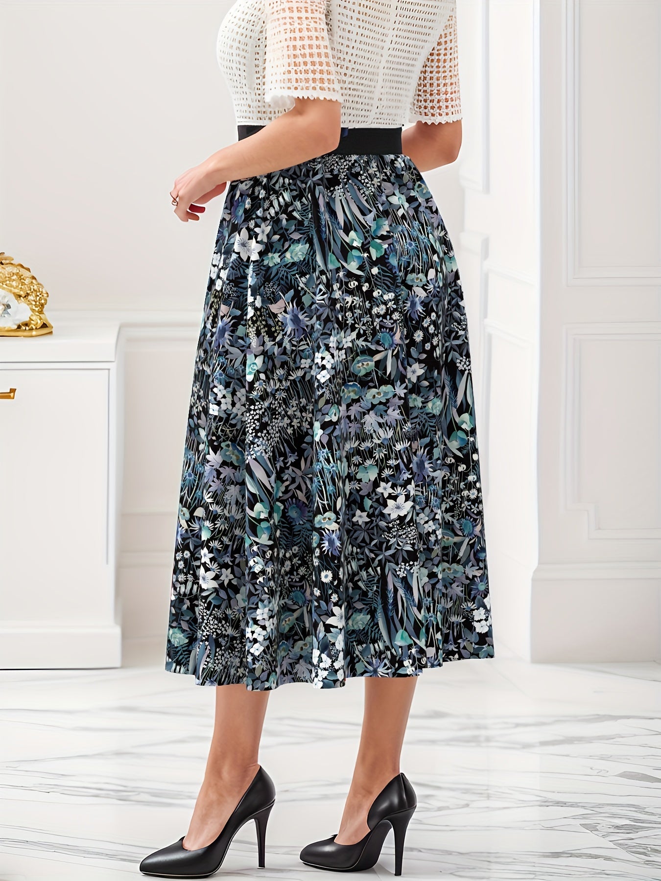 Boho Skirt Women's Plus Floral Print Elastic Tape High Rise