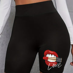 Women's Lipstick & Mouth Print High Rise Biker Shorts