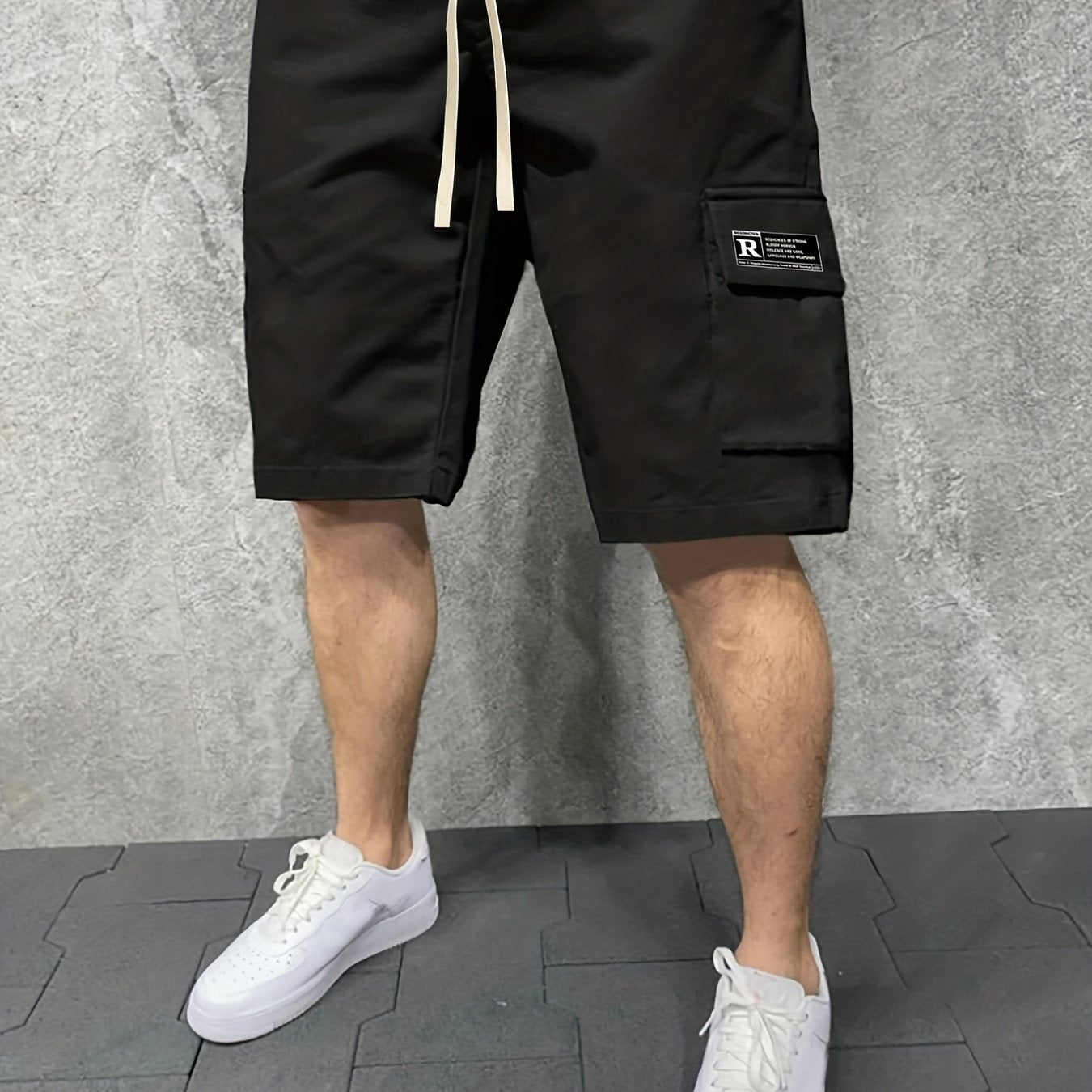 Letter Print Cargo Shorts Men's Casual Pocket Waist Drawstring Cargo Shorts