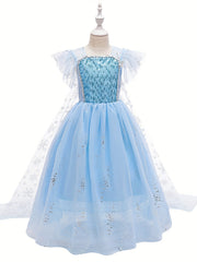 Girls Sequin Snowflake Princess Dress Sleeveless Ruffle Mesh Cape