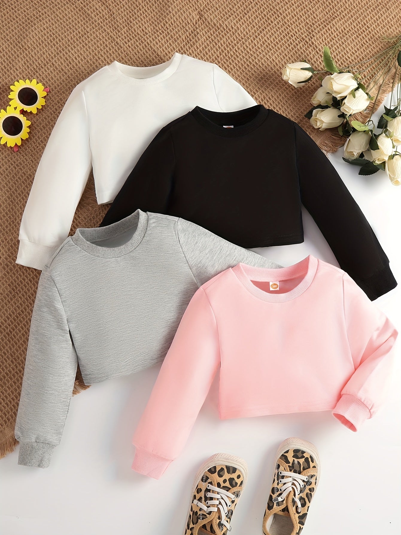 4pcs Girls' Basic Crew Neck Sweatshirt Tops