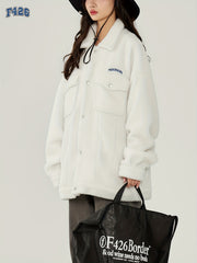Letter Embroidery Lapel Jacket Teddy Coat for Women