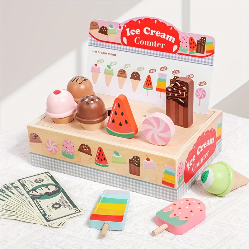 Wooden Ice Cream Shop Playset with Play Money