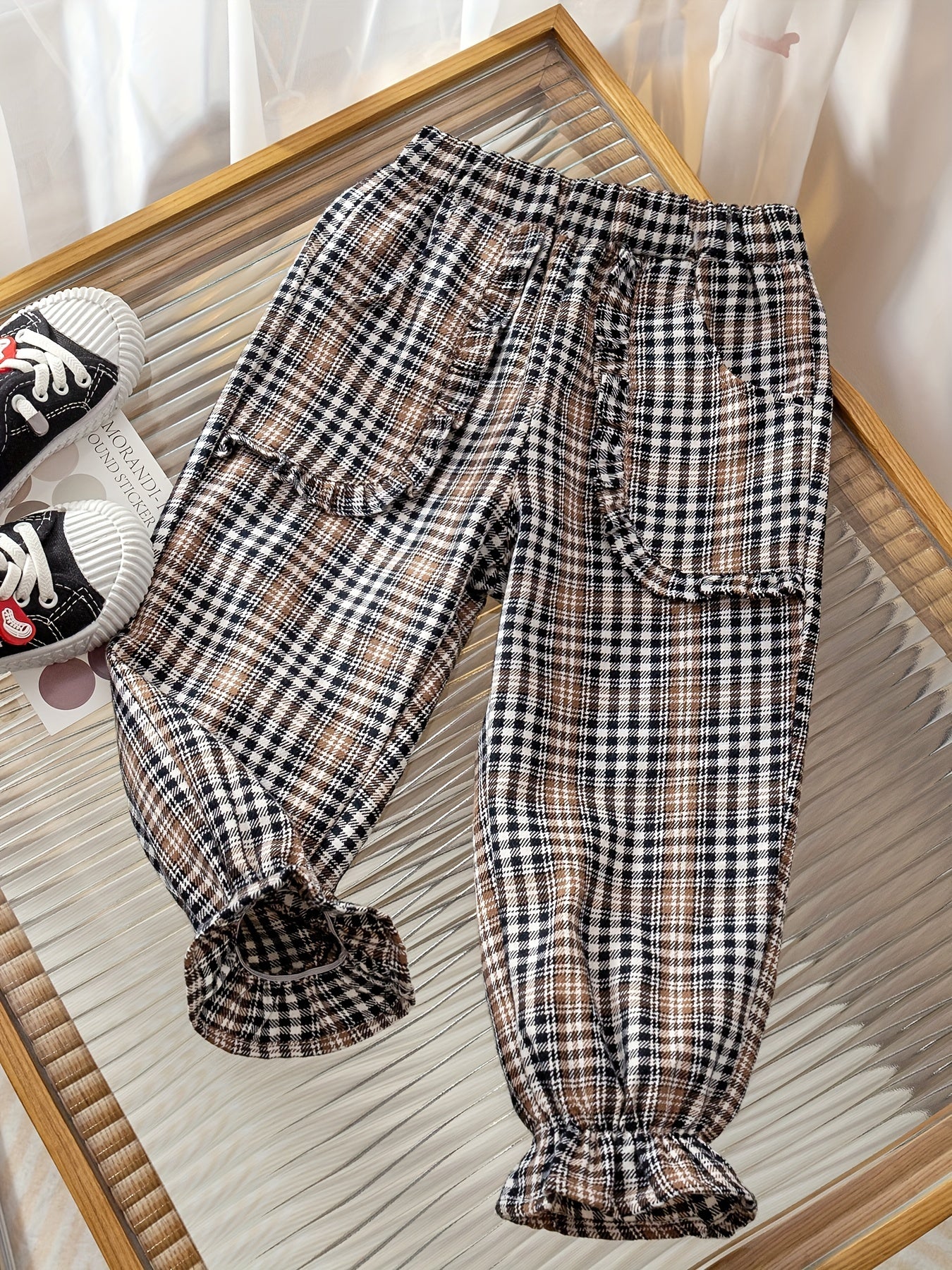 Girls' Plaid Print Ruffle Jogger Trousers For Kids Outfit