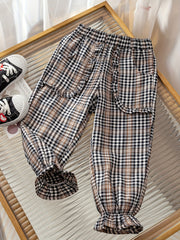 Girls' Plaid Print Ruffle Jogger Trousers For Kids Outfit