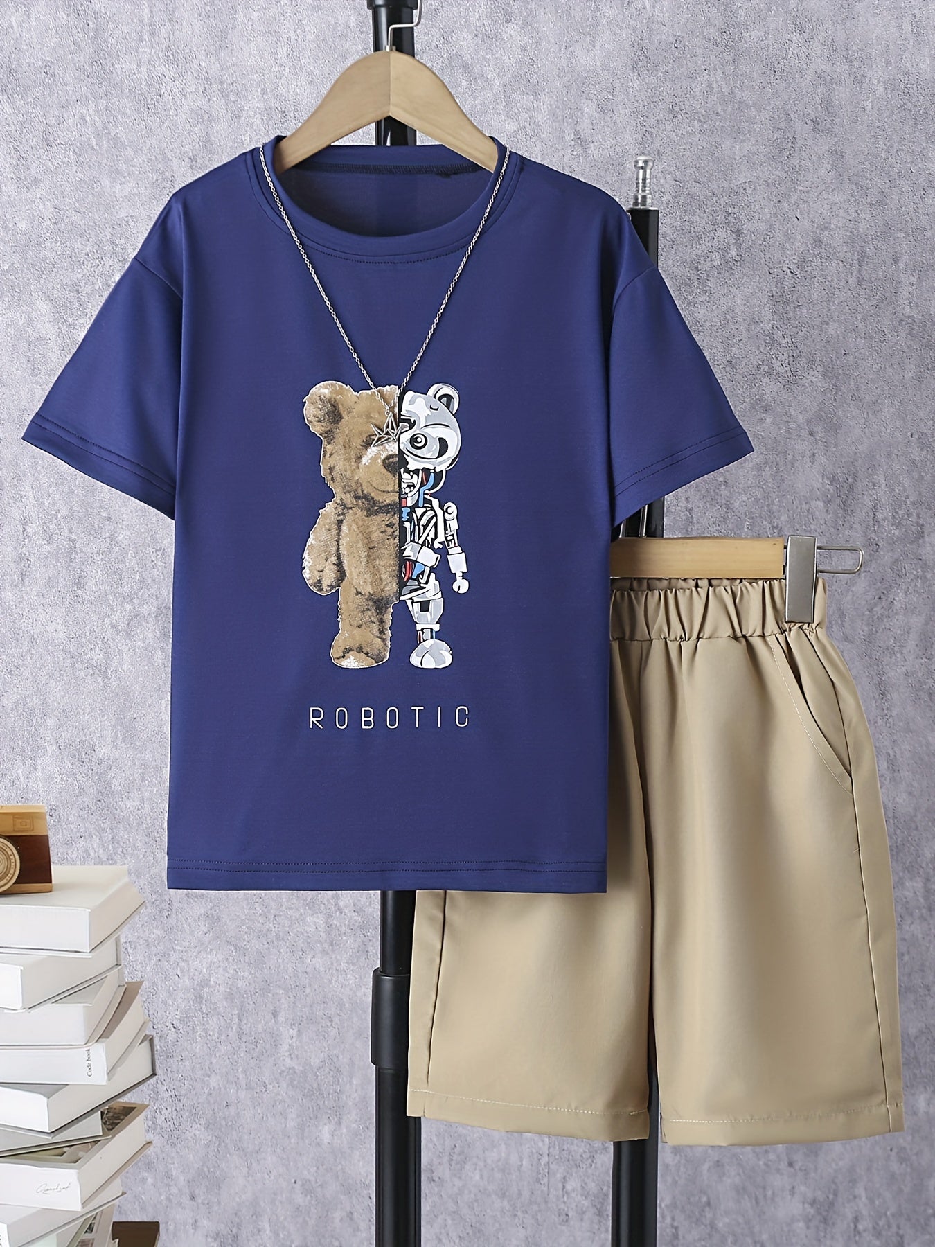 Boys Robotic Bear Graphic Casual Outfit Round Neck T shirt & Shorts Kids